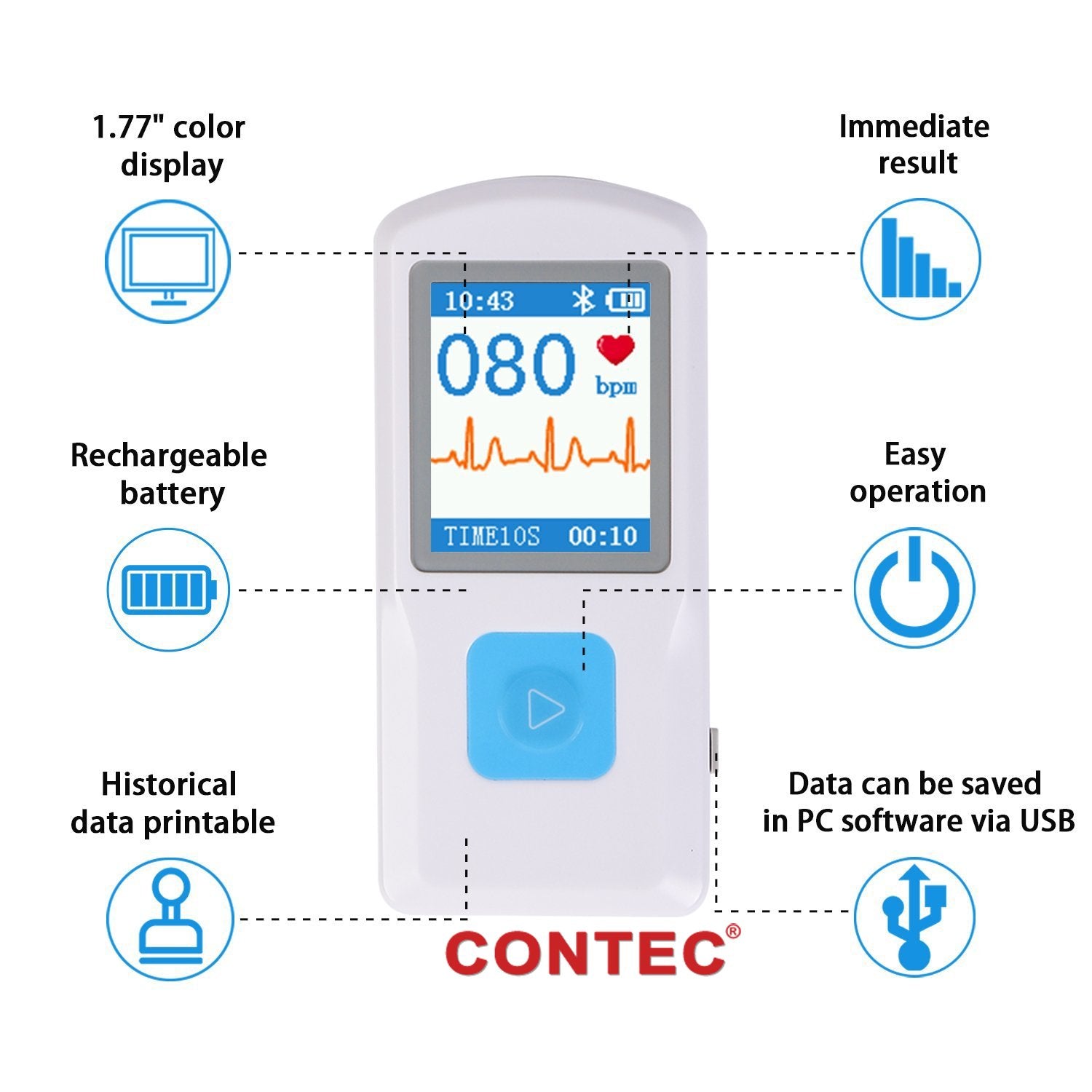 CONTEC PM10 Portable ECG Monitor, Bluetooth Transmission, Color TFT-LCD - CONTEC Portable ECG Machine - Contec Portable ECG Machines In Pakistan