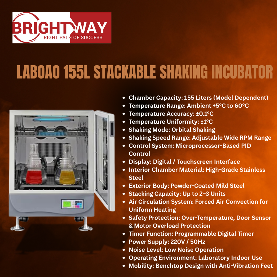 Laboao 155L Stackable Shaking Incubator with Brightway branding and specifications.