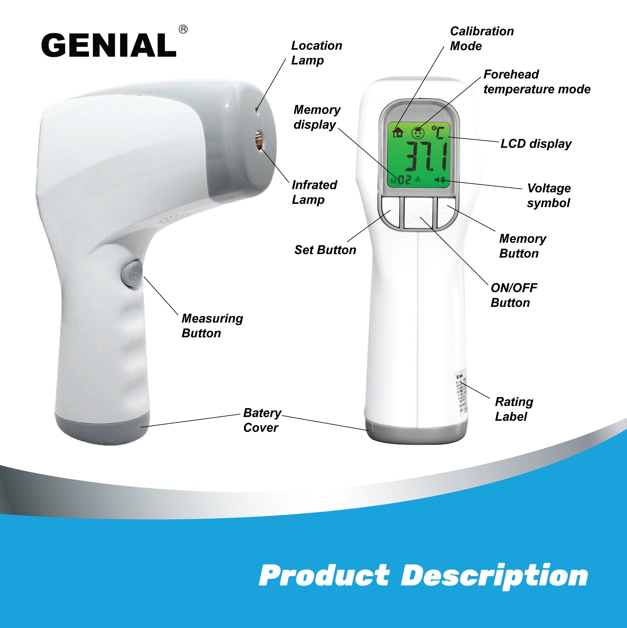 GENIAL Non-Contact Infrared Forehead Thermometer Multi-Color LCD